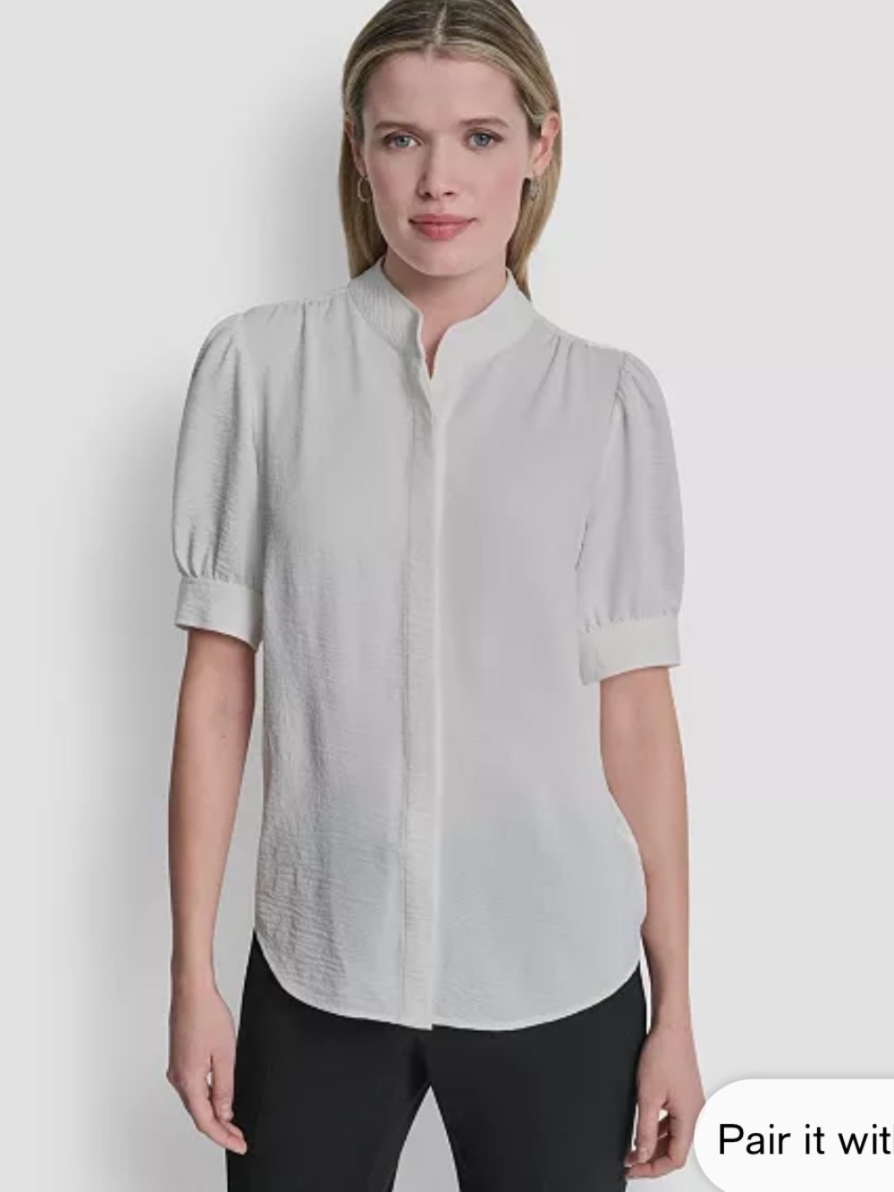 Dkny White Textured Mandarin-Collar Short-Sleeve Blouse medium M